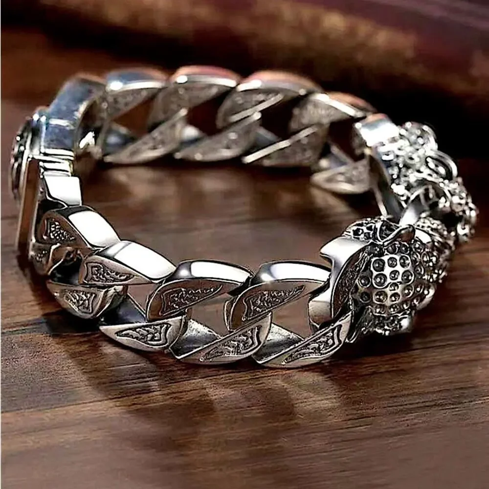 Stainless Steel Leopard Viking Bracelet, Double Headed, Norse, Horsetail…